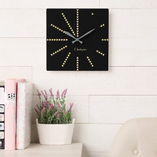 Modern Classy Decor Black Faux Gold Custom Name Square Wall Clock