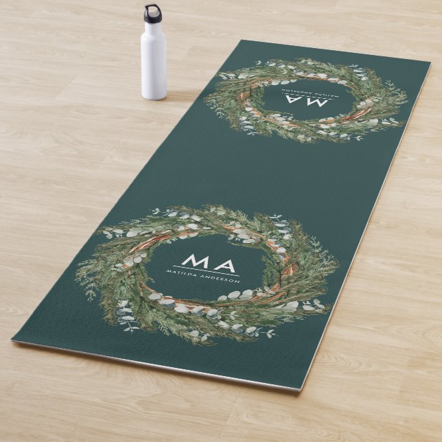 Modern classy elegant eucalyptus botanical wreath yoga mat (In Situ)