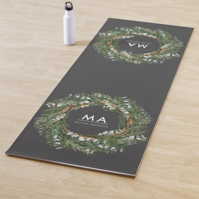 Modern classy elegant eucalyptus botanical wreath yoga mat (In Situ)