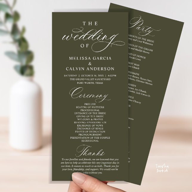 Modern Classy Elegant Wedding Ceremony Program (Modern Classy Elegant Wedding Ceremony Program card olive green)