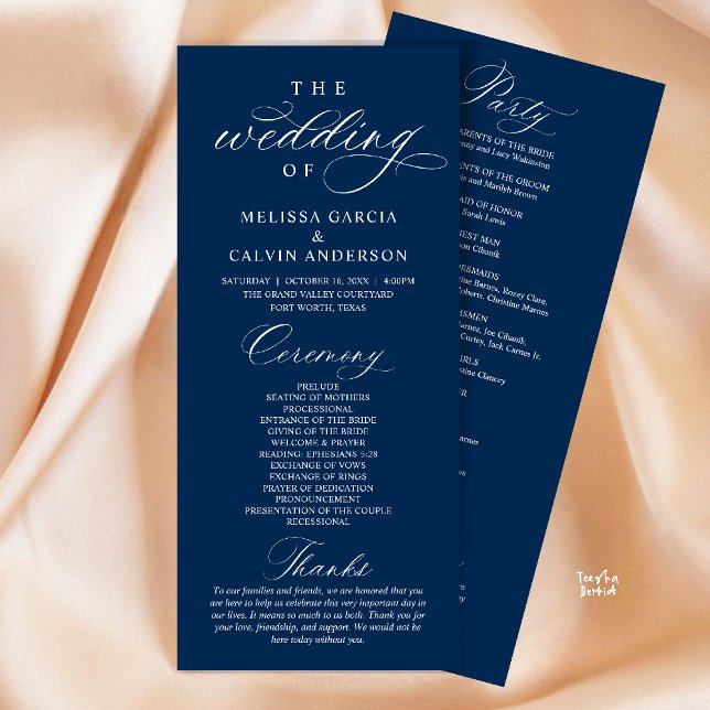 Modern Classy Elegant Wedding Ceremony Program (Modern Classy Elegant Wedding Ceremony Program card navy blue)