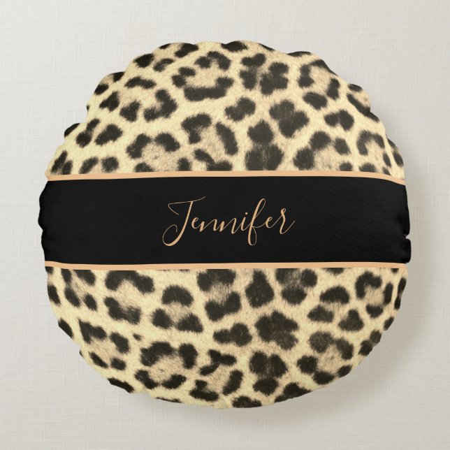 Modern Classy Leopard Print Personalised Name Round Cushion (Front)
