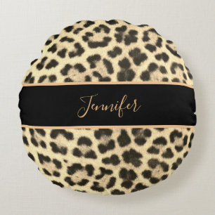 Modern Classy Leopard Print Personalized Name Round Cushion