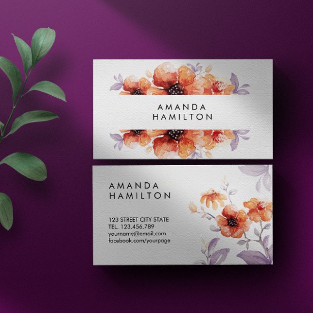Modern Classy Lilac Orange Watercolor Flower Business Card (Creator Uploaded)
