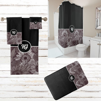 MODERN CLASSY MONOGRAMMED BLACK AND WHITE BATH TOWEL SET