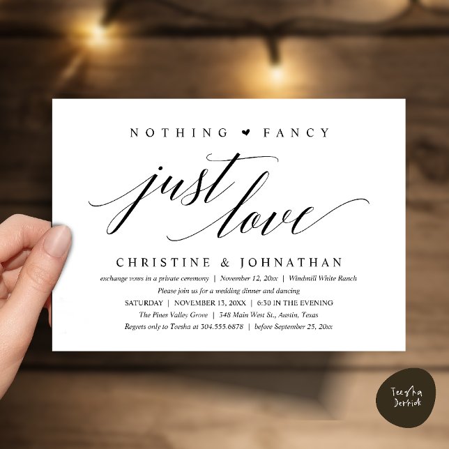 Modern Classy Nothing Fancy, Just Love, Reception Invitation (Modern Classy Nothing Fancy, Just Love, Wedding Reception Dinner Invitation Card in Black and White)