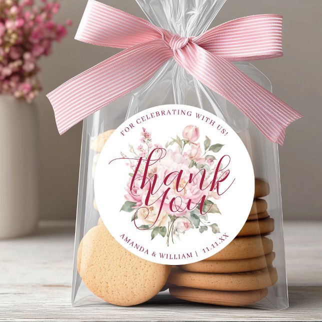 Modern Classy Pink Roses Flowers Thank You Favour Classic Round Sticker (Modern Classy Pink Roses Flowers Thank You Favor Classic Round Sticker)