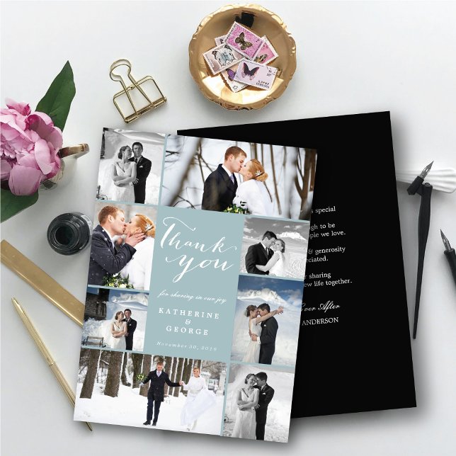 Modern Classy Script 8 Multi Photo Stylish Wedding Thank You Card (Modern Classy Script 8 Multi Photo Collage Stylish Wedding Thank You Card @ fatfatin_blue_knot)