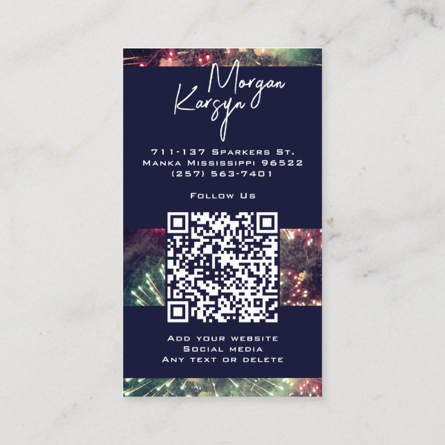 Modern Classy Typography Custom QR Code Fireworks  Business Card (Back)