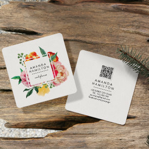 Modern Classy Watercolor Peony Floral QR CODE Square Business Card