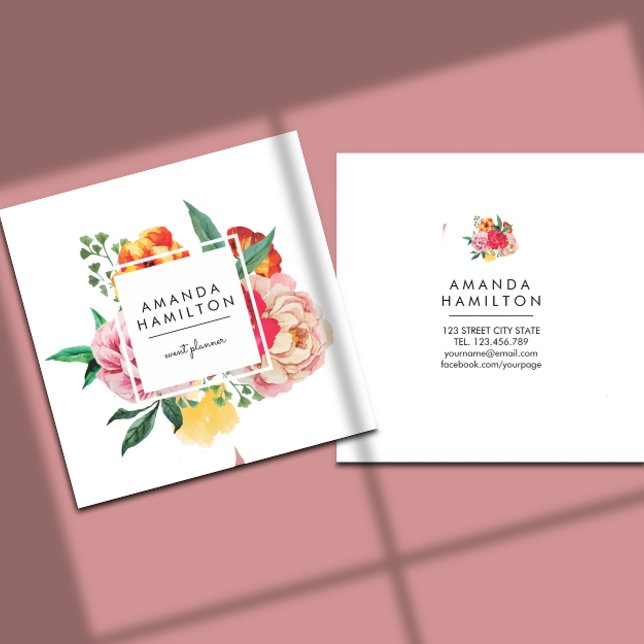 Modern Classy Watercolor Peony Floral Square Business Card (Creator Uploaded)