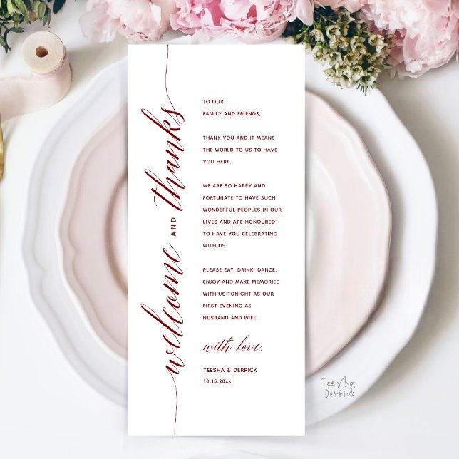 Modern Classy Wedding Dinner Thank You Card (Modern Classy Wedding Reception Dinner Thank You Card, Bridal Shower in Burgundy Wine Red)