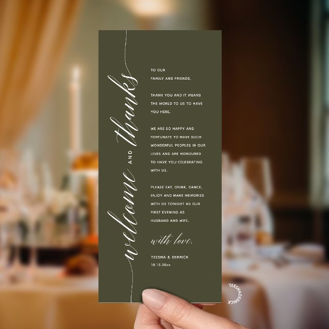 Modern Classy Wedding Dinner Thank You Card (Modern Classy Wedding Reception Dinner Thank You Card, Bridal Shower in Olive Green)