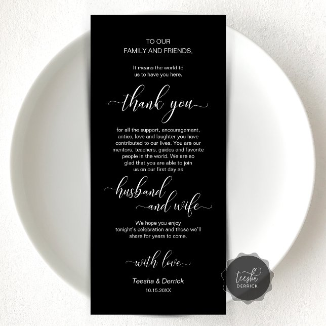 Modern Classy Wedding Place Setting Thank You Card (Wedding Dinner or Elopement Brunch Place Setting Thank You Card, In Modern Classy Black and white)