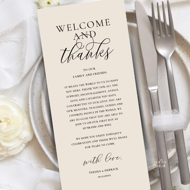 Modern Classy Wedding Reception Thank You Card (Modern Classy Wedding Reception Dinner Brunch Lunch Thank You Card in Cream Black)
