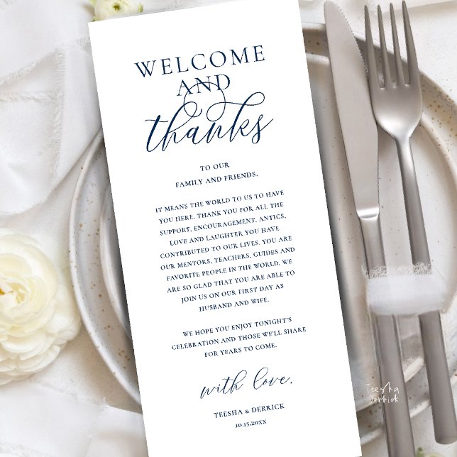 Modern Classy Wedding Reception Thank You Card (Modern Classy Wedding Reception Dinner Brunch Lunch Thank You Card in Navy Blue)