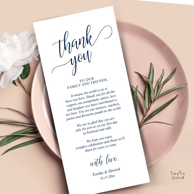 Modern Classy Wedding Reception Thank You Card (Modern Classy Wedding Dinner Thank You Card Reception brunch lunch in Navy Blue)