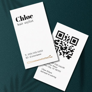 Modern Clean Black White Golden Hair Pin Salon QR Business Card