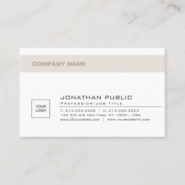 Modern Clean Company Logo Beige White Plain Trendy Business Card (Front)