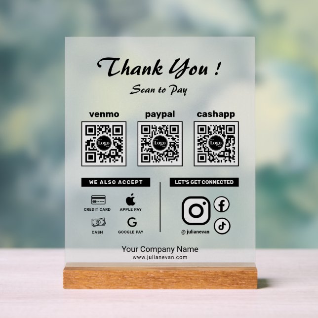 Modern Clean Scan to pay 3 QR Codes Thank you  Acrylic Sign (Neutral)