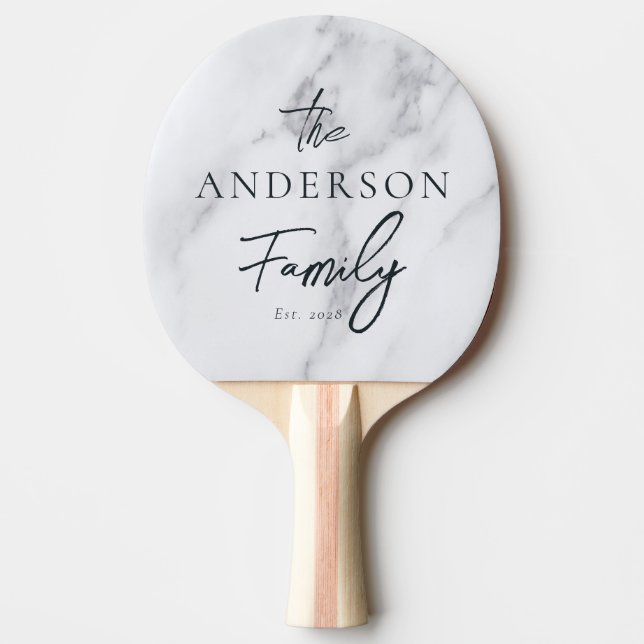 Modern Clean White Marble Hand Written Family Name Ping Pong Paddle (Front)