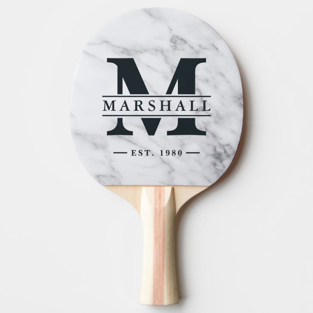 Modern Clean White Marble Monogram & Name Overlay Ping Pong Paddle (Front)