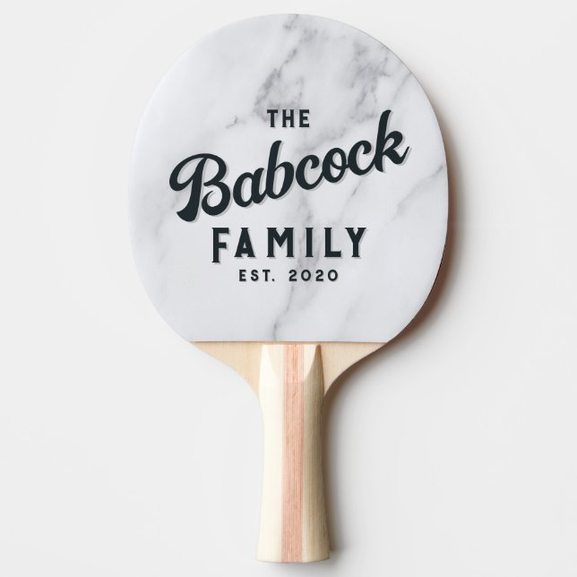 Modern Clean White Marble Stone Retro Family Name  Ping Pong Paddle (Front)
