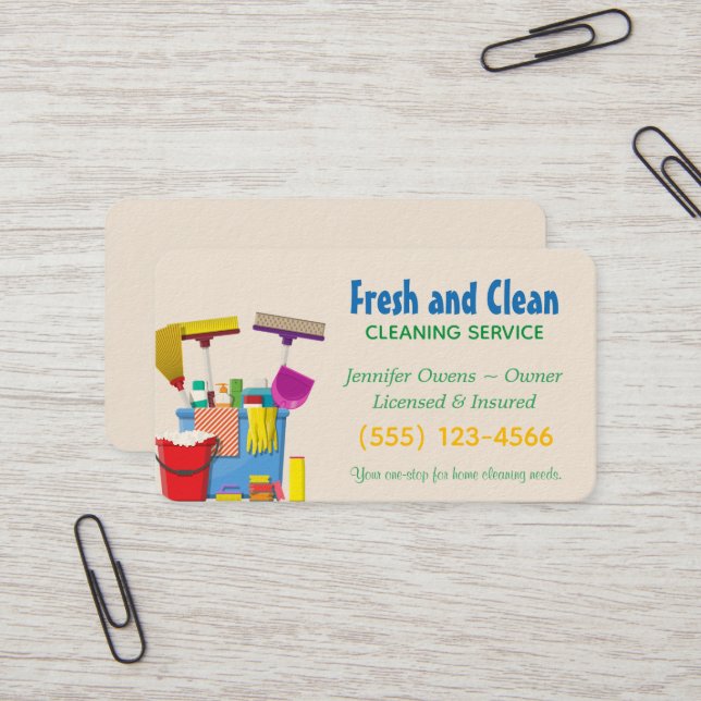 Modern Cleaning Bucket Housekeeping Service Business Card (Front/Back In Situ)