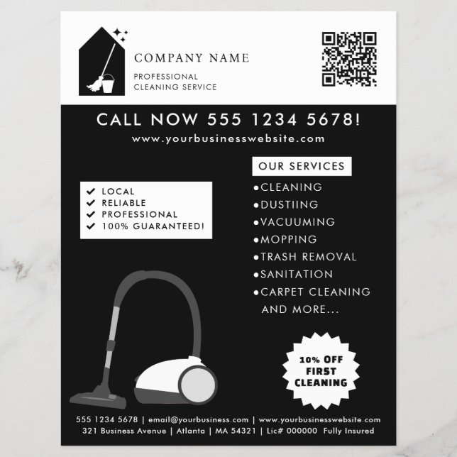 Modern Cleaning Cleaner Service Logo Black QR Code Flyer (Front)