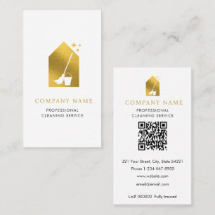 Modern Cleaning Cleaner Service Logo Gold QR Code Business Card