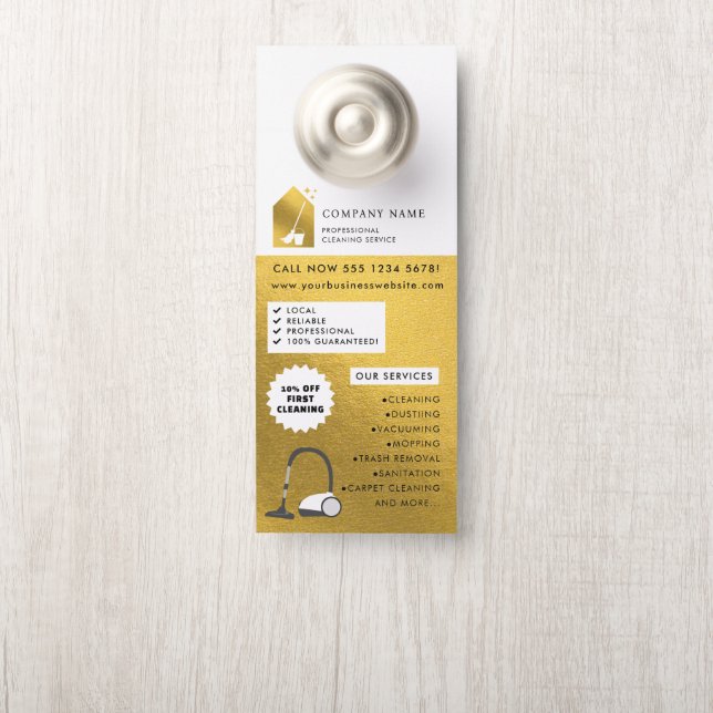 Modern Cleaning Cleaner Service Logo Gold QR Code Door Hanger (On Knob)