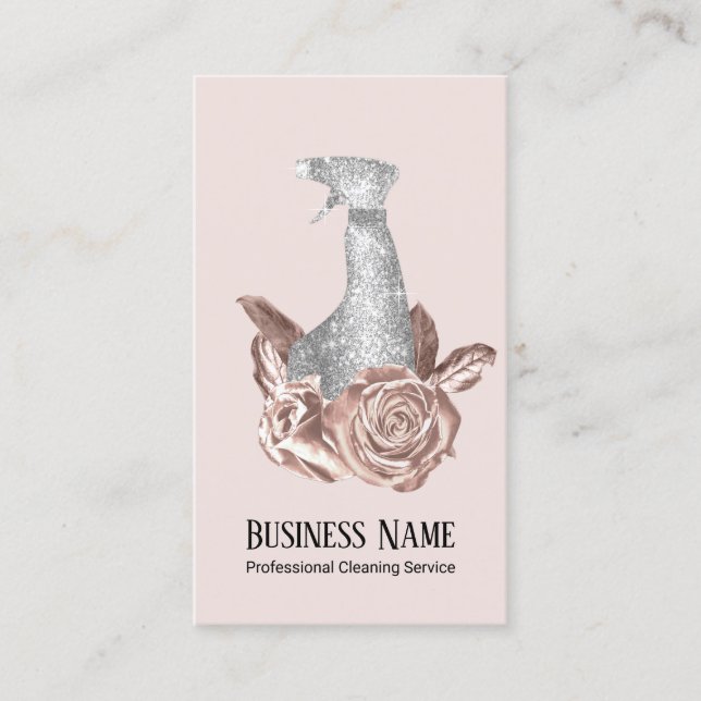 Modern Cleaning Rose Gold Floral Spray Cleaner Business Card (Front)