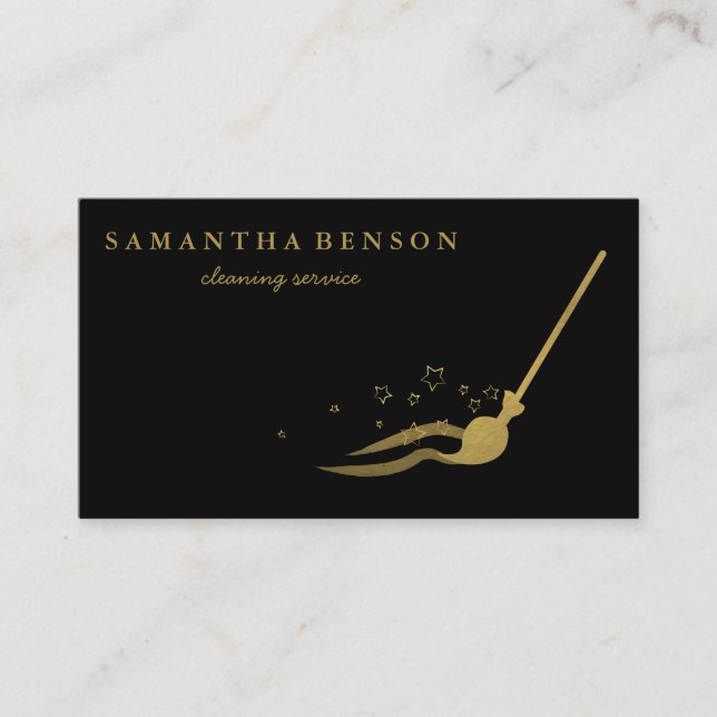 Modern Cleaning Service Brushed Black Metal Gold  Business Card (Front)