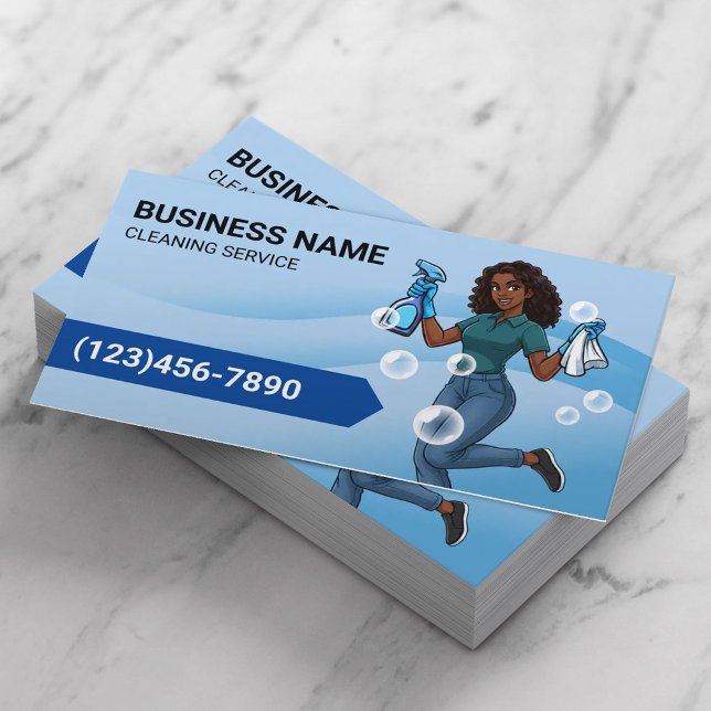 Modern Cleaning Service Cartoon Maid Blue Curves Business Card (Creator Uploaded)