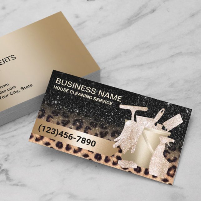 Modern Cleaning Service Leopard & Gold Glitter  Business Card (Creator Uploaded)