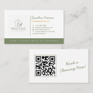 Modern Cleaning Service Sage Green Minimalist QR Business Card