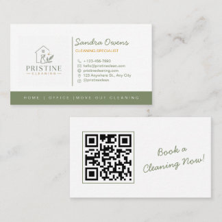 Modern Cleaning Service Sage Green Minimalist QR  Business Card