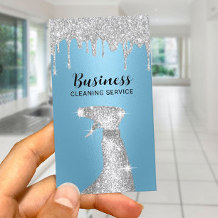 Modern Cleaning Service Silver Drips Maid Blue Business Card