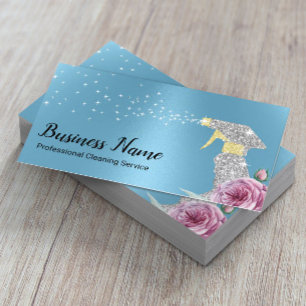 Modern Cleaning Service Silver Spray Baby Blue Business Card