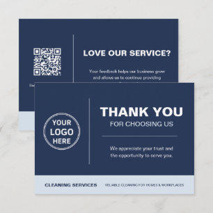 Modern Cleaning Services Logo QR Code Navy Blue Thank You Card