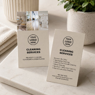 Modern Cleaning Services Photo Logo Beige Business Card