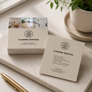 Modern Cleaning Services Photo Logo Beige Square Business Card