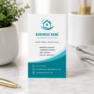 Modern Cleaning Services Professional Logo Teal Business Card