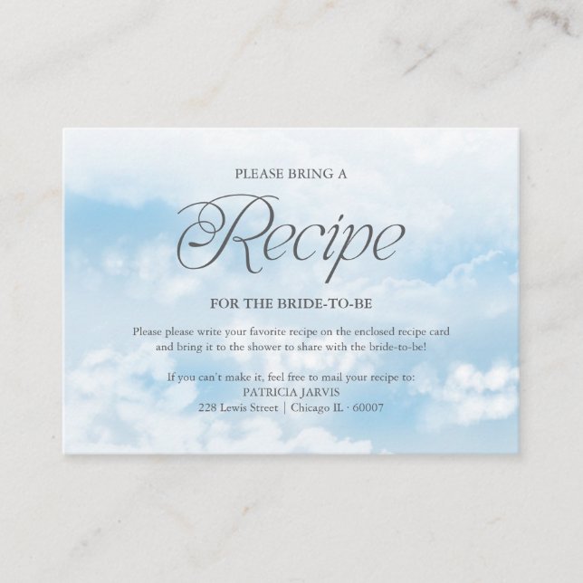 Modern Cloud Bridal Shower Recipe Request Enclosure Card (Front)