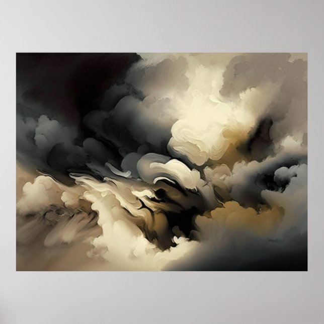 Modern Clouds Abstract Black White Grey Poster (Front)