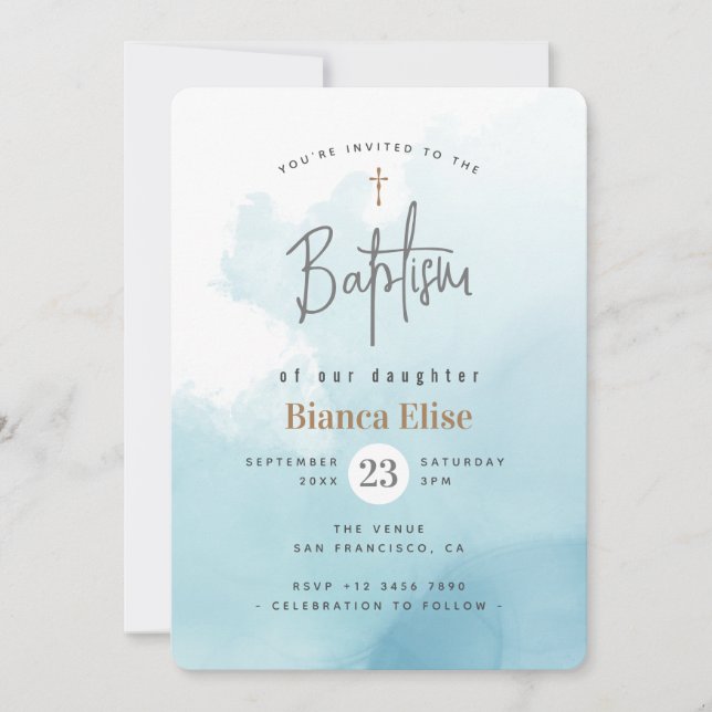Modern Clouds Watercolor Baptism Invitation (Front)