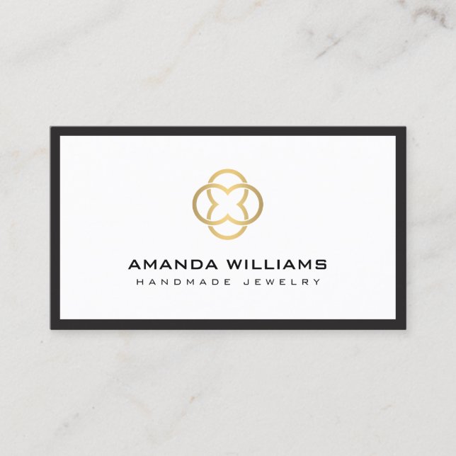 Modern Clover Gold Logo Luxury Boutique White Business Card (Front)