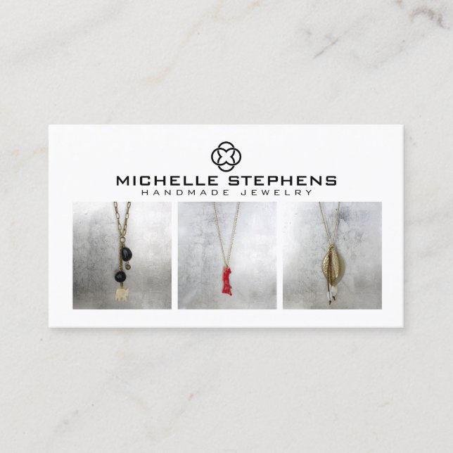 Modern Clover Logo Luxury Boutique White Photo Business Card (Front)