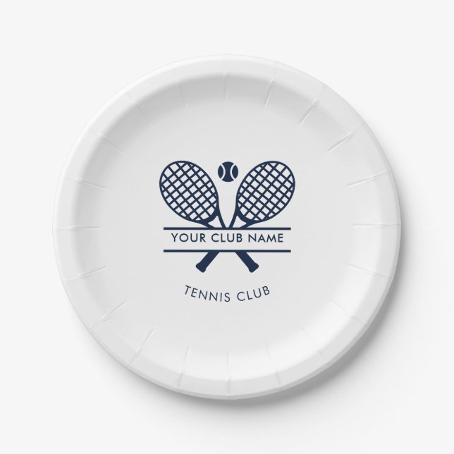 Modern Club Name Tennis Icons Navy Blue Logo Paper Plate (Front)