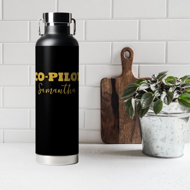 Modern CO-PILOT Typography, Gold Black, Custom Water Bottle (Creator Uploaded)